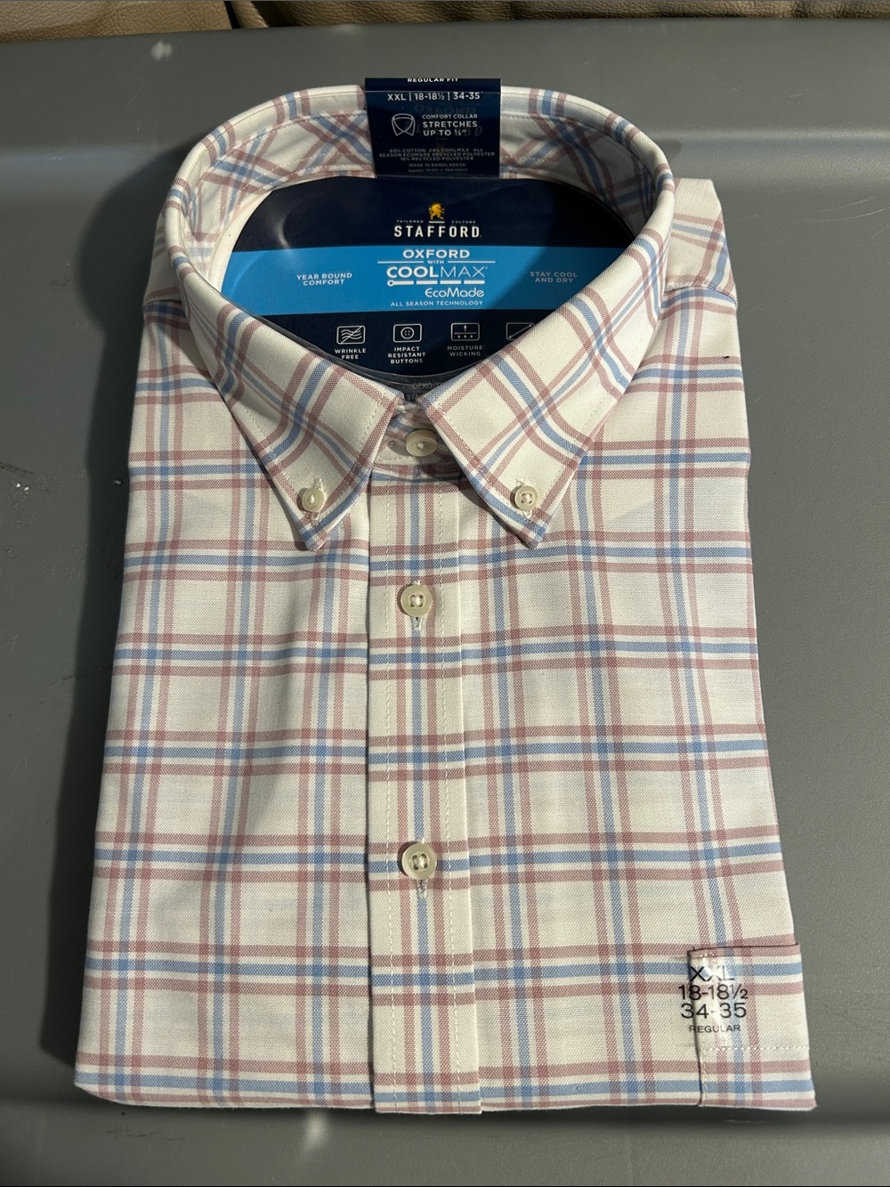 Stafford White Oxford Shirt with Blue and Tan Plaid